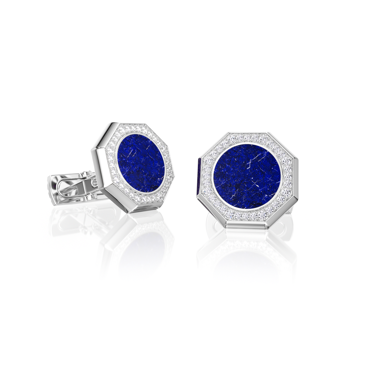 Bouton de manchette Octogone Or Blanc Onyx / Lapis-Lazuli / Agate Blanche